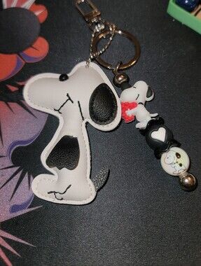 NWT-Custom Snoopy- Themed White & Black Dog Keychain/Bag Charm w/Beaded Bar